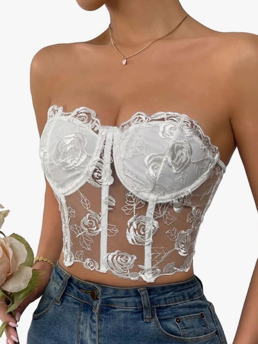 Strapless White Lace Rose-Embroidered Bustier Top size M